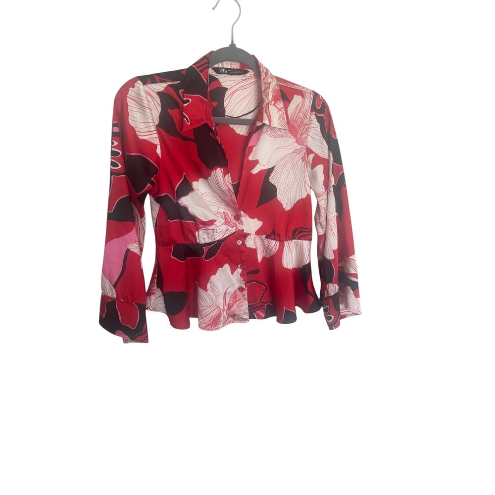 Zara‎ Red Floral Satin Peplum Blouse Long Sleeve Button Down Shirt XS